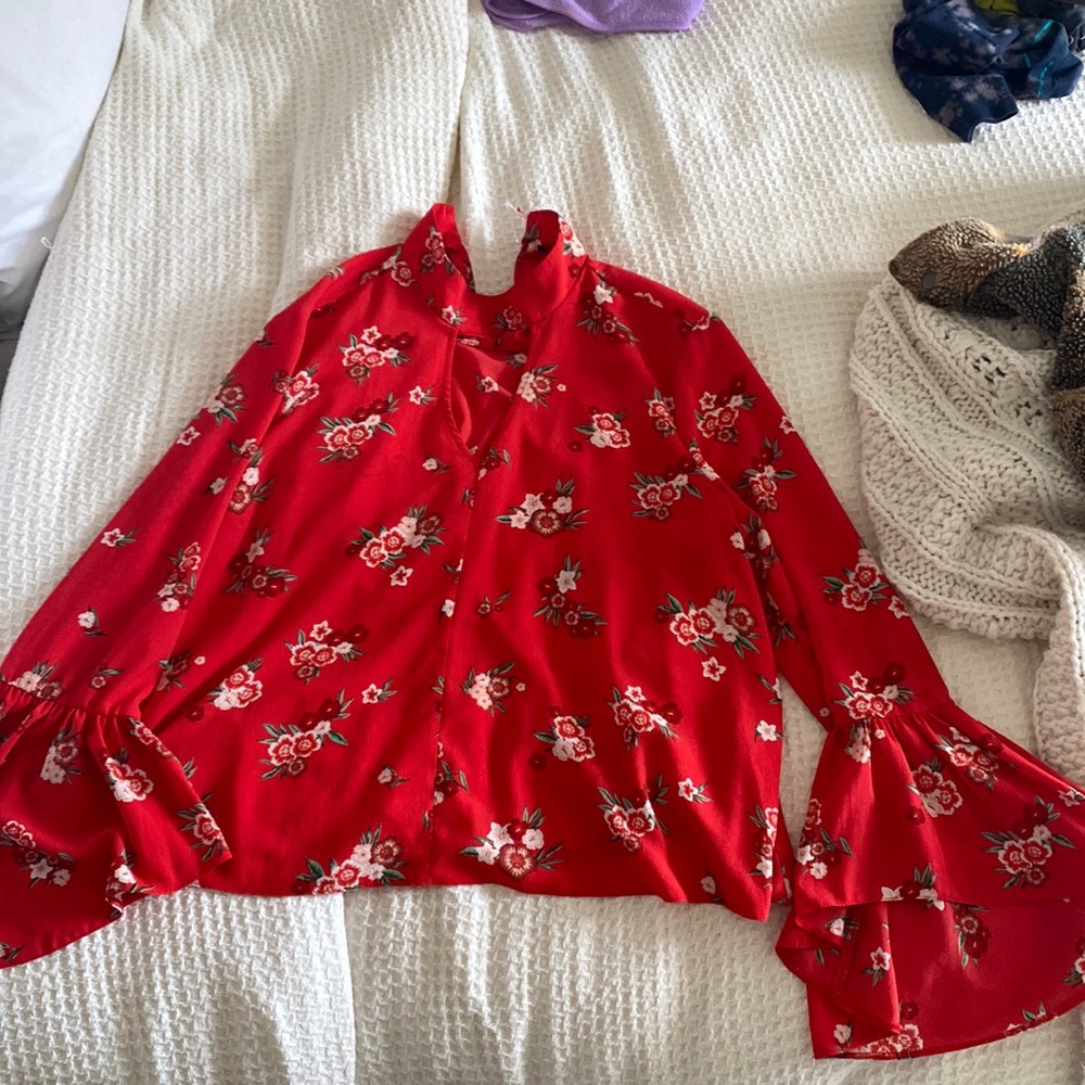 Red floral top key hole neckline bell bottom sleeves